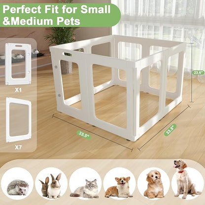 Acrylic Small Dog Playpen with Door, Clear Pet Play Pen Indoor, Easy Assemble Puppy Fence for Kitten Rabbit Small Animals, Plastic Bunny Kennel Cage Play Yard Portable Outdoor, White 8PCS
