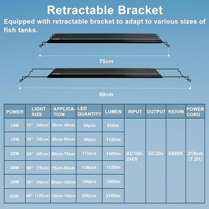 24/7 LED Aquarium Light, IP68 Waterproof Extendable Bracket Fish Tank Light with Timer, 7 Colors, 10 Level Adjustable Brightness, DIY Mode Full Spectrum Aquarium Plant Light for 30-36 Inch Fish Tank