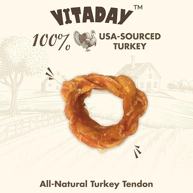 Turkey Tendon for Dogs, Turkey Tendon Ring (S) Pack of 4, 100% Natural, USA-Sourced, High-Protein, Low-Fat, Long-Lasting Dog Chew, Rawhide Alternative, Hypoallergenic Puppy & Dog Treats