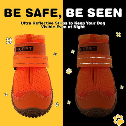 Hcpet Dog Shoes for Large Dogs, Breathable Dog Booties for Small Medium Dogs, Anti-Slip Dog Boots & Paw Protectors for Hot Pavement Winter Snow Hiking with Reflective Straps Orange Size 5