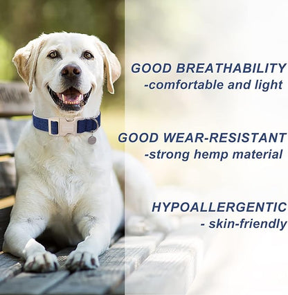 DOGWONG Cotton Hemp Dog Collar, Heavy-Duty Blue Dog Collar Adjustable Soft Natural Fabric Cute Wedding Puppy Necklace for Small Medium Large Dogs