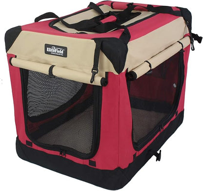 EliteField 4-Door Folding Soft Dog Crate with Curtains, Carrying Bag and Fleece Bed (2 Year Warranty), Indoor & Outdoor Pet Home (24" L x 18" W x 21" H, Red+Beige)