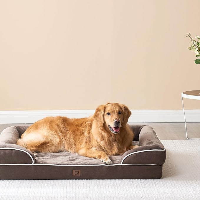 EHEYCIGA Orthopedic Dog Beds for Extra Large Dogs, Waterproof Memory Foam XL Dog Bed with Sides, Non-Slip Bottom and Egg-Crate Foam Big Dog Couch Bed with Washable Removable Cover, Brown