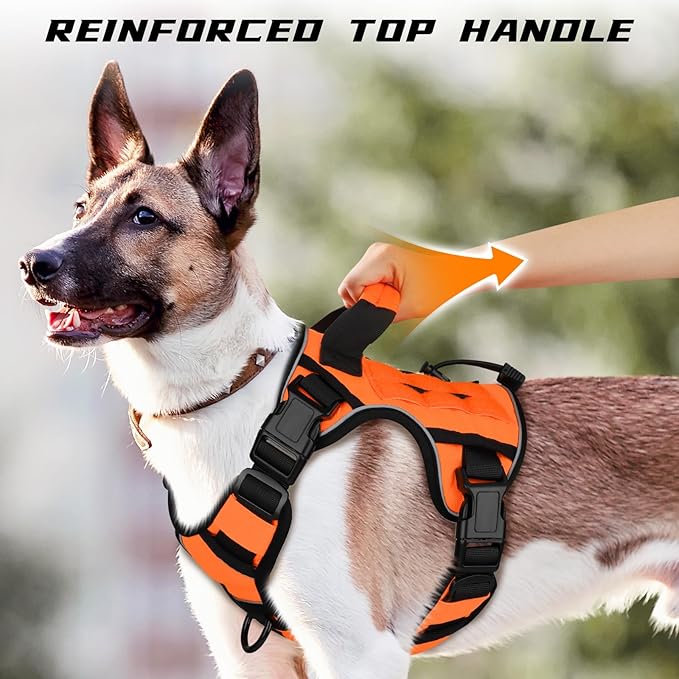 WINGOIN Orange Dog Tactical Harness for Small Dogs No Pull Adjustable Reflective K9 Military Dog Service Dog Harnesses with Handle, Metal Buckles for Dachshund, Boston Terrier, Beagle(S)