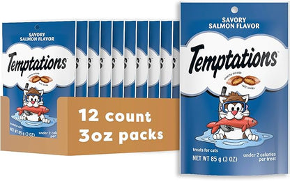 Temptations Classic Crunchy and Soft Cat Treats, Savory Salmon Flavor, 3 oz. Pouch (Pack of 12)