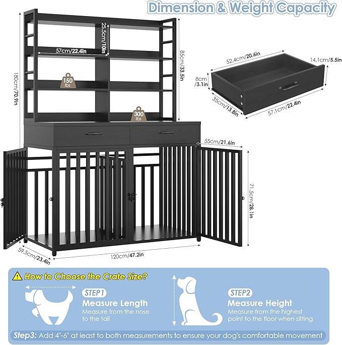 Keyluv 71''H x 47.2''W Large Dog Crate Furniture with 4-Tier Shelves and 2 Storage Drawers, Heavy Duty Dog Cage Furniture with 2 Doors, Wood & Metal Dog Kennel Indoor for Small/Medium/Large Dog, Black