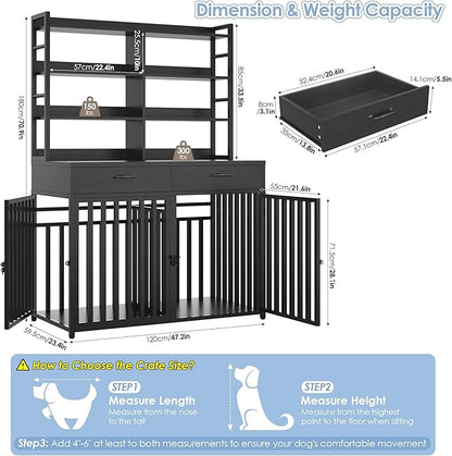 Keyluv 71''H x 47.2''W Large Dog Crate Furniture with 4-Tier Shelves and 2 Storage Drawers, Heavy Duty Dog Cage Furniture with 2 Doors, Wood & Metal Dog Kennel Indoor for Small/Medium/Large Dog, Black