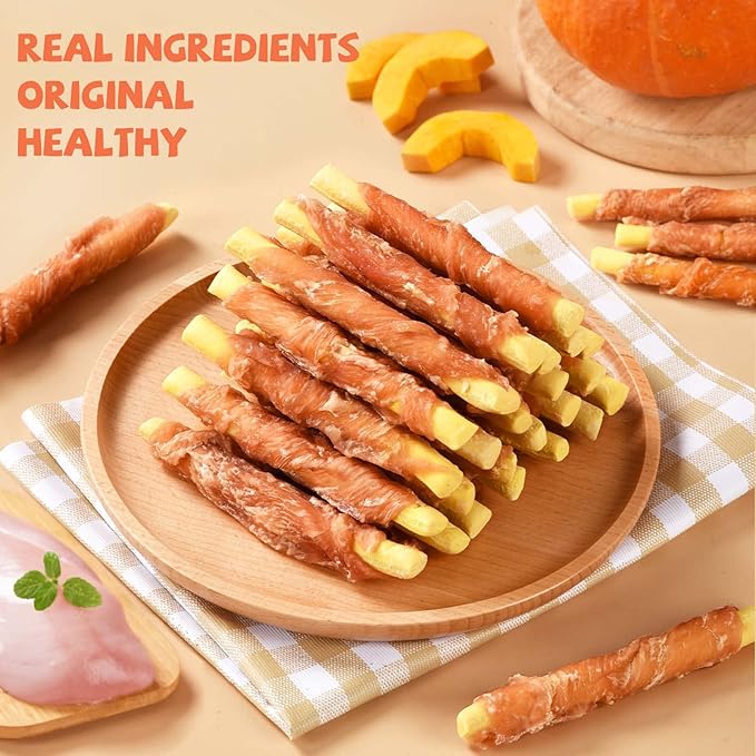 Dog Treats Pumpkin Biscuits Chicken Wrapped, Low Fat Healthy Chewy Training Treats for Small Medium Large Dogs