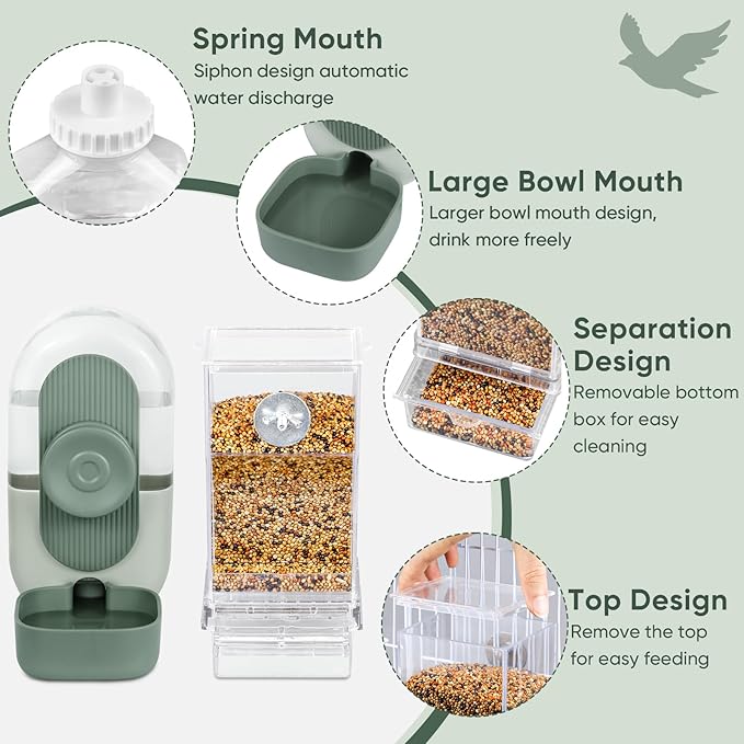 No Mess Bird Feeder & Water Dispenser Set - Automatic Feeding & Hydration, Parakeet Cage Accessories for Parrots, Cockatiels, Finches, Lovebirds & Budgies