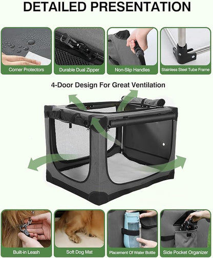 36 Inch Collapsible Travel Dog Crate for Medium Large Dogs, Portable Dog Crate 4-Door Foldable Soft Kennel with Chew-Proof Mesh Windows for Indoor & Outdoor Travel,with Storage Bag,Grey