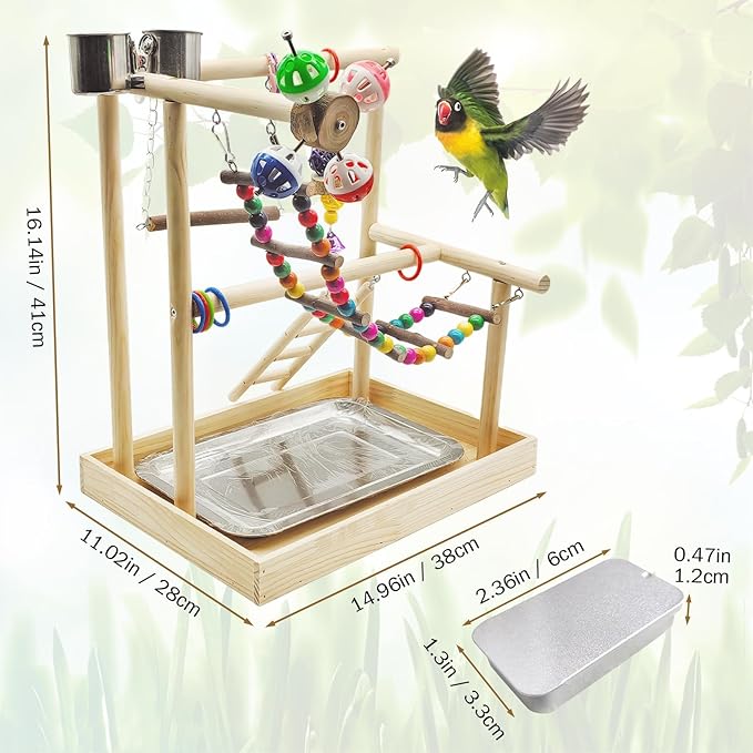 PINVNBY Bird Playground Parrot Playstand Play Gym Cockatiel Wood Bird Toys Birds Cage Accessories Playpen Ladder with Feeder Cups Hanging Swing Toys for Parakeet Conure Lovebird Cockatiel