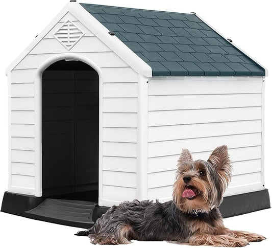 DWVO Robust Weatherproof Dog House, Indoor & Outdoor Safe Haven for Small to Medium Dogs, Easy Assembly & Cleaning (28.5''L*26''W*28''H, Grey)