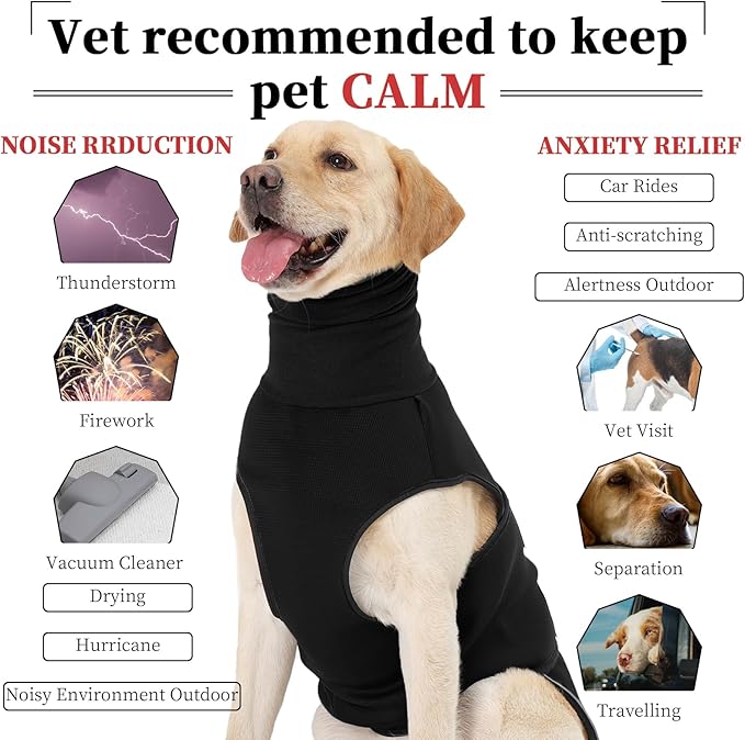 ROZKITCH Dog Calming Hoodie, Anti-Anxiety Vest for Storms & Fireworks, Adjustable Breathable Dog Shirt with Ear Wrap for Comfort Black M