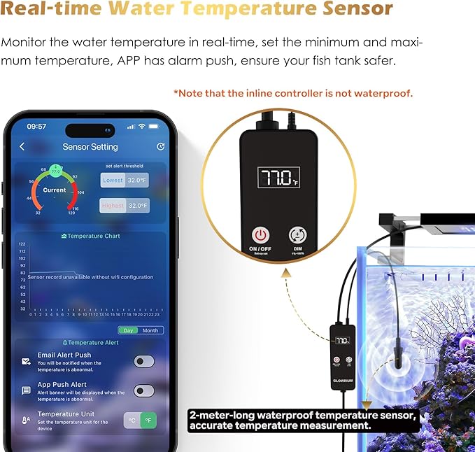 GLOWRIUM Saltwater Aquarium Light, Smart Reef Coral Fish Tank Light with Bluetooth + WiFi Dual Control App, DIY Spectrum, Brightness Adjustable, Anti-Drop, Real Time Water Temperature Sensor(36-48 in)