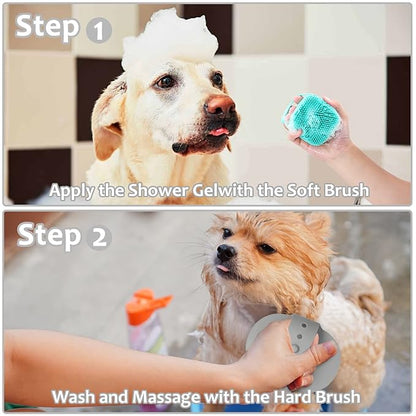 ELEGX Pet Grooming Bath Massage Brush with Soap and Shampoo Dispenser Soft Silicone Bristle for Long Short Haired Dogs Cats Shower (3 PCSï¼_el+Blu+Hard Brushï¼)