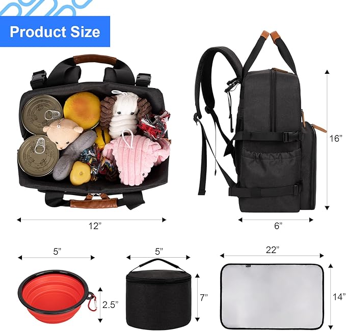 Modoker Dog Travel Bag, Airline Approved Backpack for Pet Accessories Organizer, Tote Weekend Bag with 2 Dog Food Storage Containers, 2 Collapsible Dog Bowls, 1 Pet Mat, Black