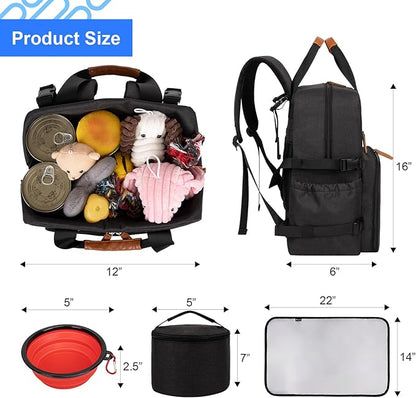 Modoker Dog Travel Bag, Airline Approved Backpack for Pet Accessories Organizer, Tote Weekend Bag with 2 Dog Food Storage Containers, 2 Collapsible Dog Bowls, 1 Pet Mat, Black