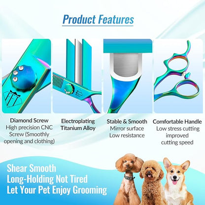 Dog Grooming Scissors: 5 in 1 Pet Shears Set Made Of Japanese 440C Advanced Stainless Steel Trimming Dogs Cats and Other Pets Green