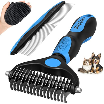 3PCS Dog Grooming Kit I Dog Brush for Shedding I Deshedding Dog Brush I Metal Dog Comb I Dog Bath Brush I Undercoat Rake for Dogs and Cats I Premium Pet Supplies (Blue Black)