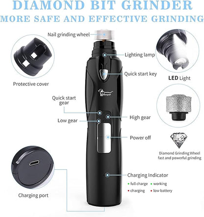 Pet Nail Grinder with LED Light & 2 Grinding Heads, 2-Speed Low Noise & More Powerful Dog Nail Grinder, Pet Nail Trimmer File, Painless Paw Claw Care, Quiet Toenail Grooming Tool for L/M/S Dogs/Cats