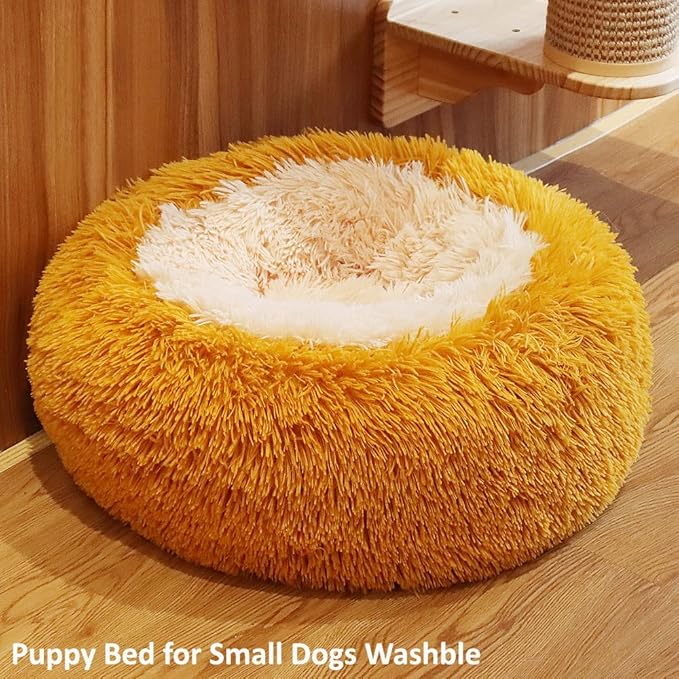 Small Dog Bed for Calming Dog 19 inches Orange Puppy Bed for Extra Small Dog Bed Washble Anti-Anxiety Puppy Bed Machine Washable Cozy Soft Pet Round Bed Fits up to 10-100 lbs