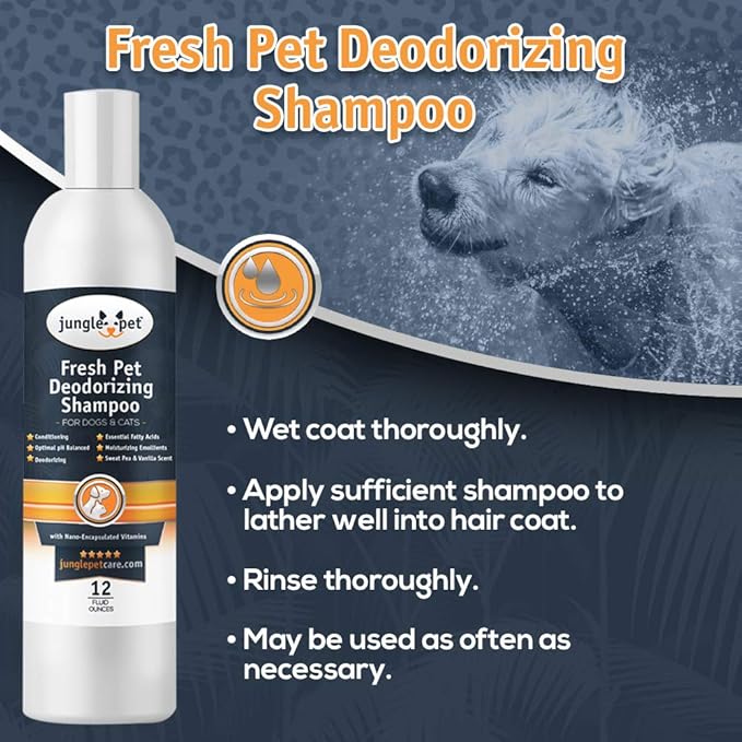 Jungle Pet Deodorizing Dog Shampoo for Smelly Dogs - Grooming & Cleansing Pet Shampoo for Dogs with Hypoallergenic Essential Fatty Acids - Soap, Sulfate & Paraben Free - Sweet Pea Vanilla Scent, 12 oz
