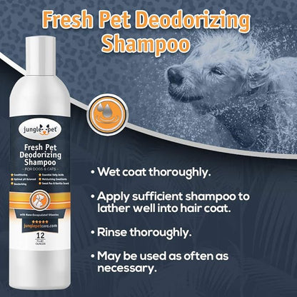 Jungle Pet Deodorizing Dog Shampoo for Smelly Dogs - Grooming & Cleansing Pet Shampoo for Dogs with Hypoallergenic Essential Fatty Acids - Soap, Sulfate & Paraben Free - Sweet Pea Vanilla Scent, 12 oz