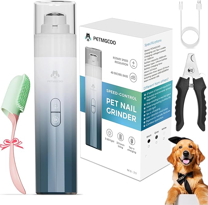 Dog Nail Grinder & Upgrade Professional with 3-Speed Adjustment Super-Quiet and Low-Vibration Pet Nail Trimmers with Forward and Reverse Functions - Safe Pause Button Wireless Type-C Charging