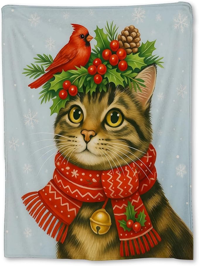 Christmas Tabby Cat Blanket, Soft Lightweight Flannel Cute Holiday Kitten Throw Blanket for Couch, Bed, Travel & Home Decor Gifts, Cozy Warm Festive Blankets for Women Girls Cat Lovers 60×50 in