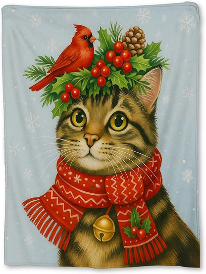Christmas Tabby Cat Blanket, Soft Lightweight Flannel Cute Holiday Kitten Throw Blanket for Couch, Bed, Travel & Home Decor Gifts, Cozy Warm Festive Blankets for Women Girls Cat Lovers 60×50 in