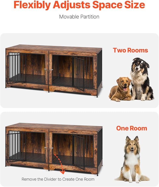 VEVOR 75" Dog Crate Furniture for 2 Dogs,Extra Large Double Dog Crate Furniture Large Breed with Divider & Double Doors,Large Wooden Dog Crate Furniture TV Stand for Medium Large Dogs Brown