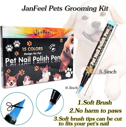 Dog Nail Polish Pens, 15 Colors Pet Nail Polish Set Quick Dry Pet Safe Nail Polish Non Toxic Brush Tip Nail Polish Pens for Puppy and Cat or Small Pets