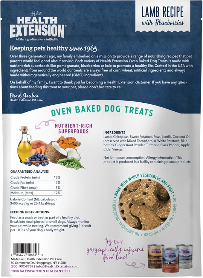 Health Extension Oven-Baked Dog Treats, 6oz (170g), Lamb & Blueberry Recipe  Gluten & Grain-Free, Superfood-Infused, Crunchy Biscuits for Puppy Training