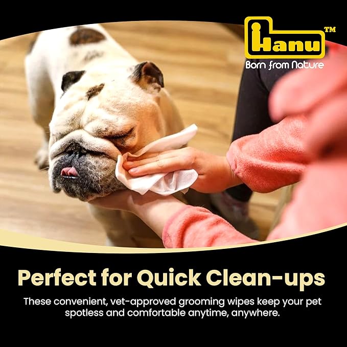 Hanu Pet Wipes for Dogs and Cats, Hypoallergenic, Cleans Tear Stains, Itching Relief, for face,Paws, Body and Butt, Peach Oolong