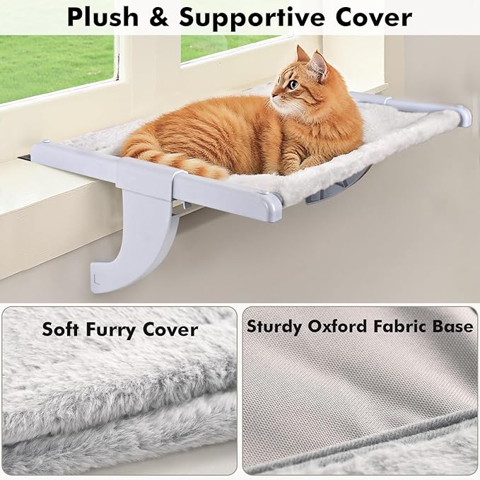 Window Sill Mount Cat Perch for Indoor Cats, One-Step Sliding Clamping Slot Adjustment Cat Hammock with Washable Cover, No Suction Cups Pet Bed for Windowsill & Bedside (Large)