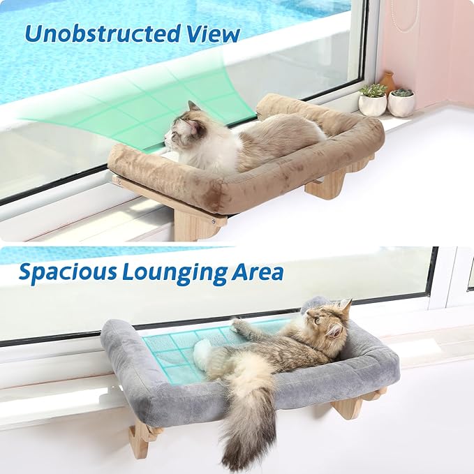 Zakkart Cat Perch for Window Sill with Bolster - Orthopedic Hammock Design with Premium Hardwood & Robust Metal Frame - Cat Window Seat for Large Cats and Kittens - Natural Color Wood with Gray Bed