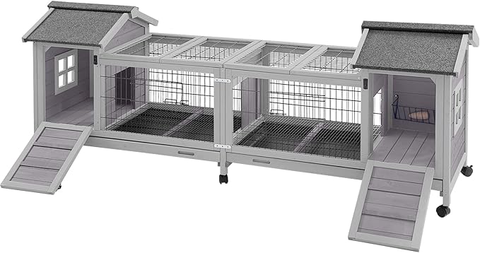 Aivituvin Rabbit Hutch Bunny Cage with Double House and Run Indoor Outdoor Guinea Pig House with Deeper No Leak Trays and Wheels