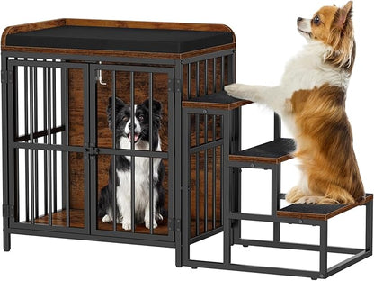 Snughome Dog Crate Furniture with Stairs, 41.73‘’ Wooden Dog Kennel Indoor with Double Doors, Furniture Style Dog Crate with Cushion for Dogs, Heavy Duty Dog Cage for Small/Medium Dogs, Rustic Brown
