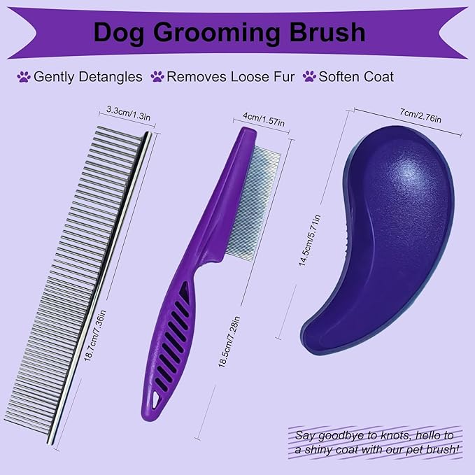 3 PCS Puppy Brush Grooming Kit, Stainless Steel Flea Comb, Fit for Yorkie, Shih Tzu, Maltipoo, Soft Bristle (Dark Purple)