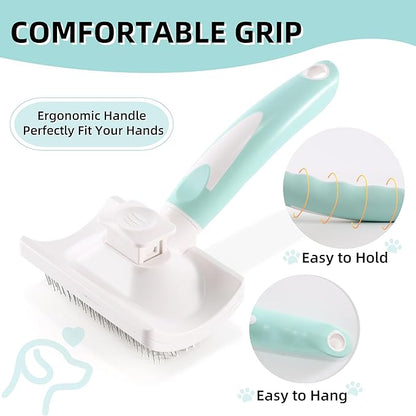 Dog Self-Cleaning Slicker Brush with One Button Fur Removal and Coated Tips Deshedding Brush for Long Hair Dogs and Cats for Shedding Massaging Grooming Green