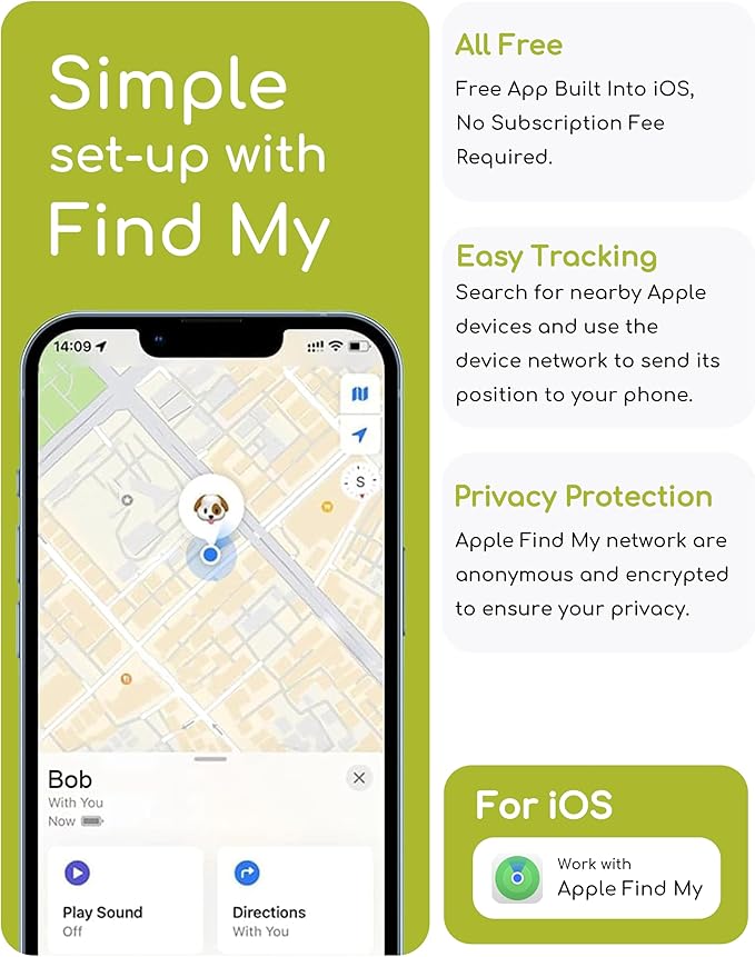 Dog Tracker, TRESBUNNY Smart Dog Collar with Real-time Pet Location, Cat Tracker Collar (iOS Only), No Monthly Fee & Long Battery Life, Works with Find My, Ideal for Dog/Cat (Black)