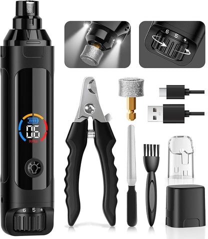 Dog Nail Grinder, 6-Speed Quiet Electric Dog Nail Trimmers, Dog Nail Clippers with File for Small Medium Large Dogs, Cats, Rechargeable Pet Paw Grooming Supplies Kit, 2 Grinding Wheels (Black)