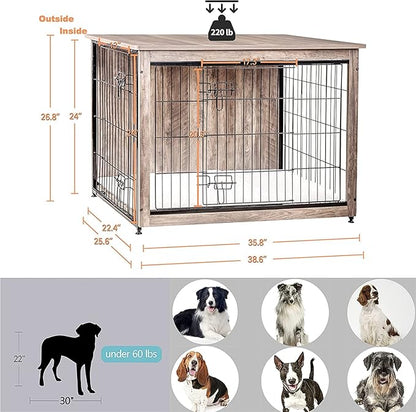 DWANTON Dog Crate Furniture with Cushion, Wooden Kennel Table with Double Doors, Indoor Dog House, Large Size, 38.5" L, Greige