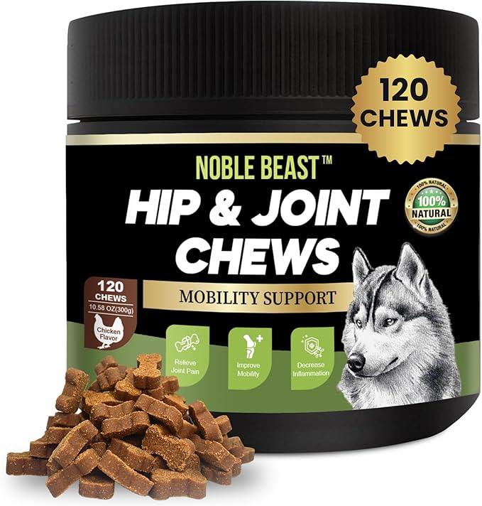 Noble Beast Dog Joint Supplement - Hip and Joint Care for Dogs - All Natural - Soft Chews with Glucosamine, Chondroitin, MSM & Hemp for Dog Joint Relief - Chicken Flavor  120 Count
