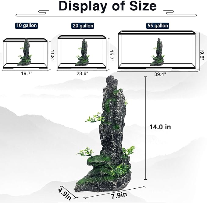 Aquarium Mountain View Stone Ornament Tree Rock Cave Aquarium Decorations Large and Tall Extra Large Aquarium Decorations for Fish Tank Decorations for Fish Tank - 14 Inches High