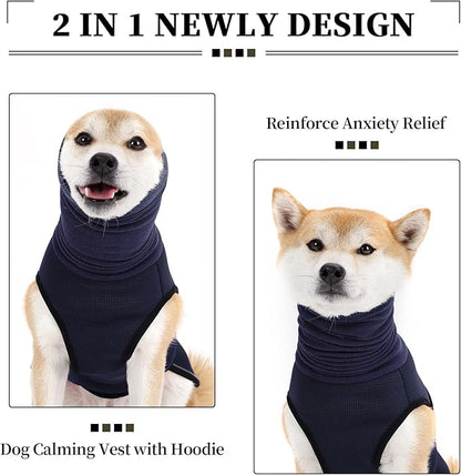 ROZKITCH Dog Calming Vest with Hoodie, Anxiety Relief Jacket for Dogs, Breathable Pet Coat for Storms, Fireworks, and Separation NavyBlue 2XL