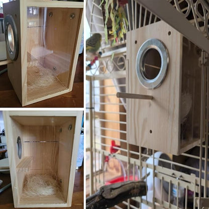 kathson Parakeet Nesting Box Transparent Bird House Bird Nest Box for Cage Parrot Nesting Boxes Wooden Breeding Box for Cockatiel Lovebirds Budgie Finch Canary(M)