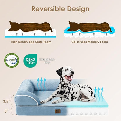 EHEYCIGA Orthopedic Dog Beds for Large Dogs, Waterproof Memory Foam Large Dog Bed with Sides, Non-Slip Bottom and Egg-Crate Foam Large Dog Couch Bed with Washable Removable Cover, Washed Blue