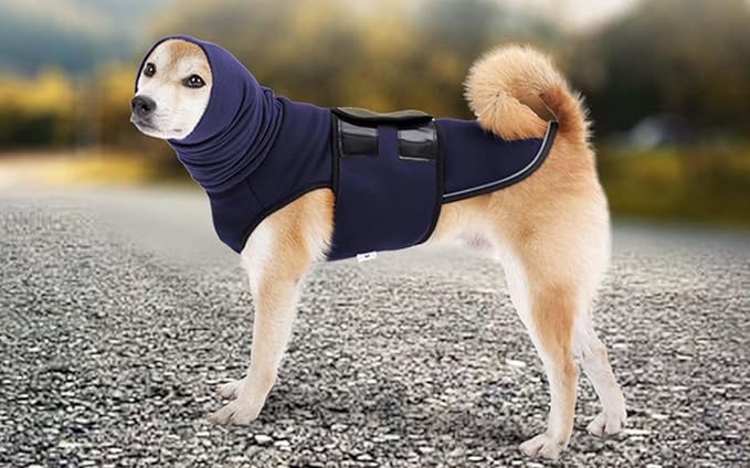 ROZKITCH Anti-Anxiety Dog Shirt, Breathable Pet Vest for Storms & Fireworks, Dog Calming Hoodie with Ear Cover for Separation Relief NavyBlue XL