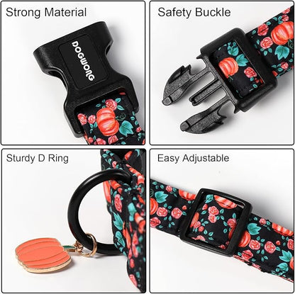 DOGWONG Fall Dog Collar, Pumpkin Floral Dog Collar Adjustable Soft Halloween Girl Pet Dog Collars Cute Puppy Necklace for Small Medium Large Dogs